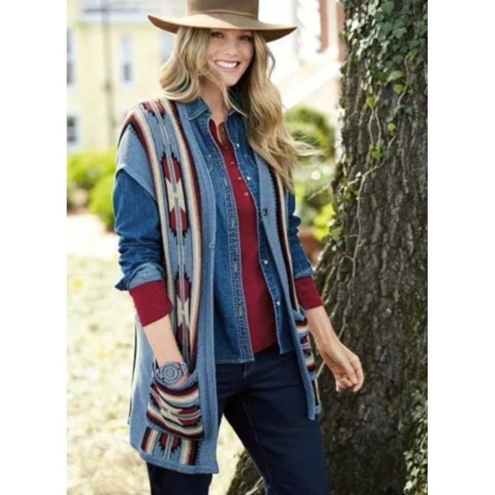 Chaps Women's Southwestern Aztec Knit Longline Sweater Vest Blue Medium